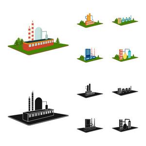 工厂和行业集合图标的卡通, 黑色的等距向量符号股票插画网站照片